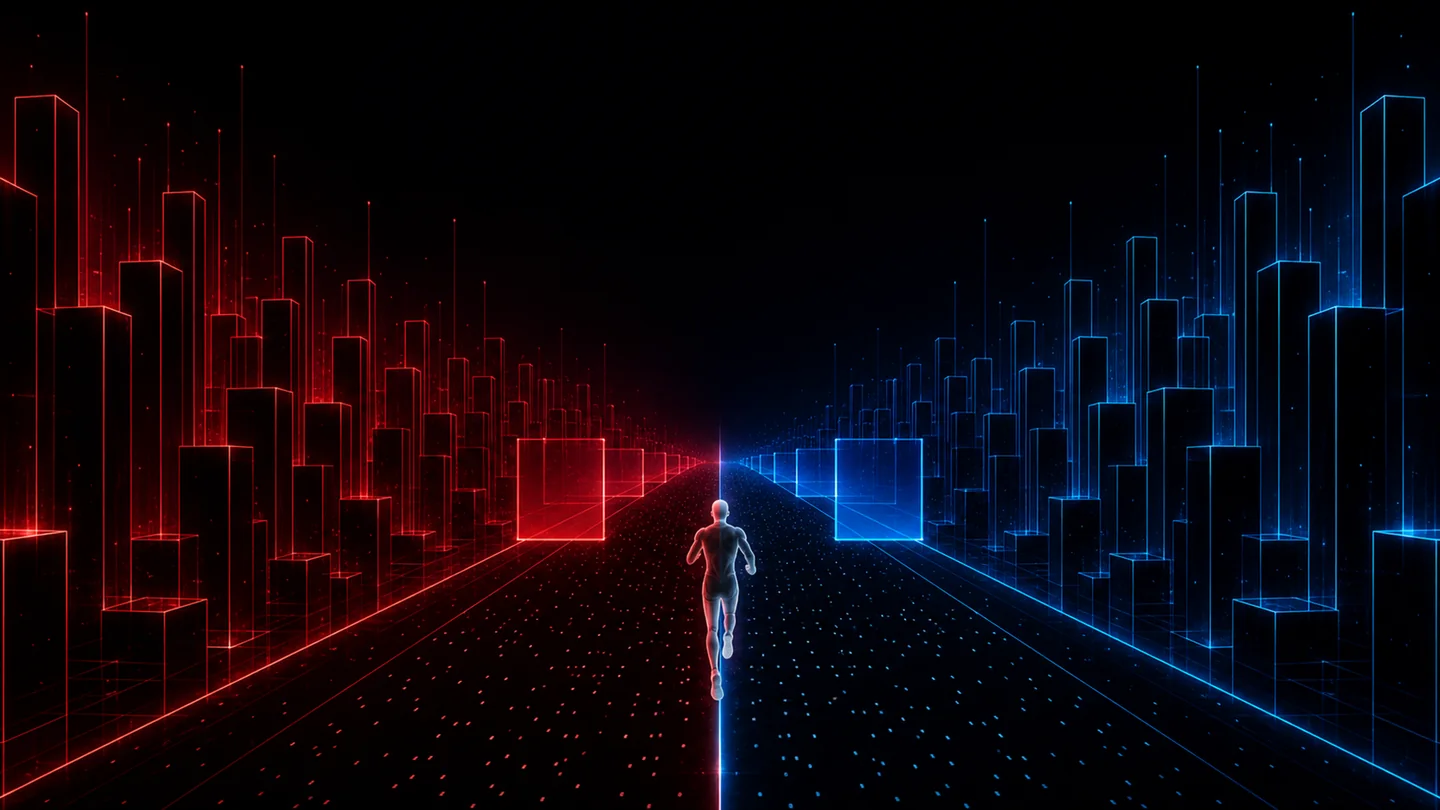 A lone runner on the threshold between red and blue digital worlds