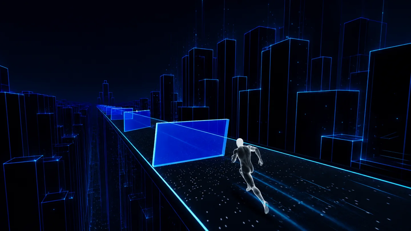 A runner accelerating through the blue normal world